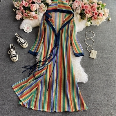 アウター レディース カーディガン ロング丈 長袖 柄 ストライプ 春 秋 スリム ストレート