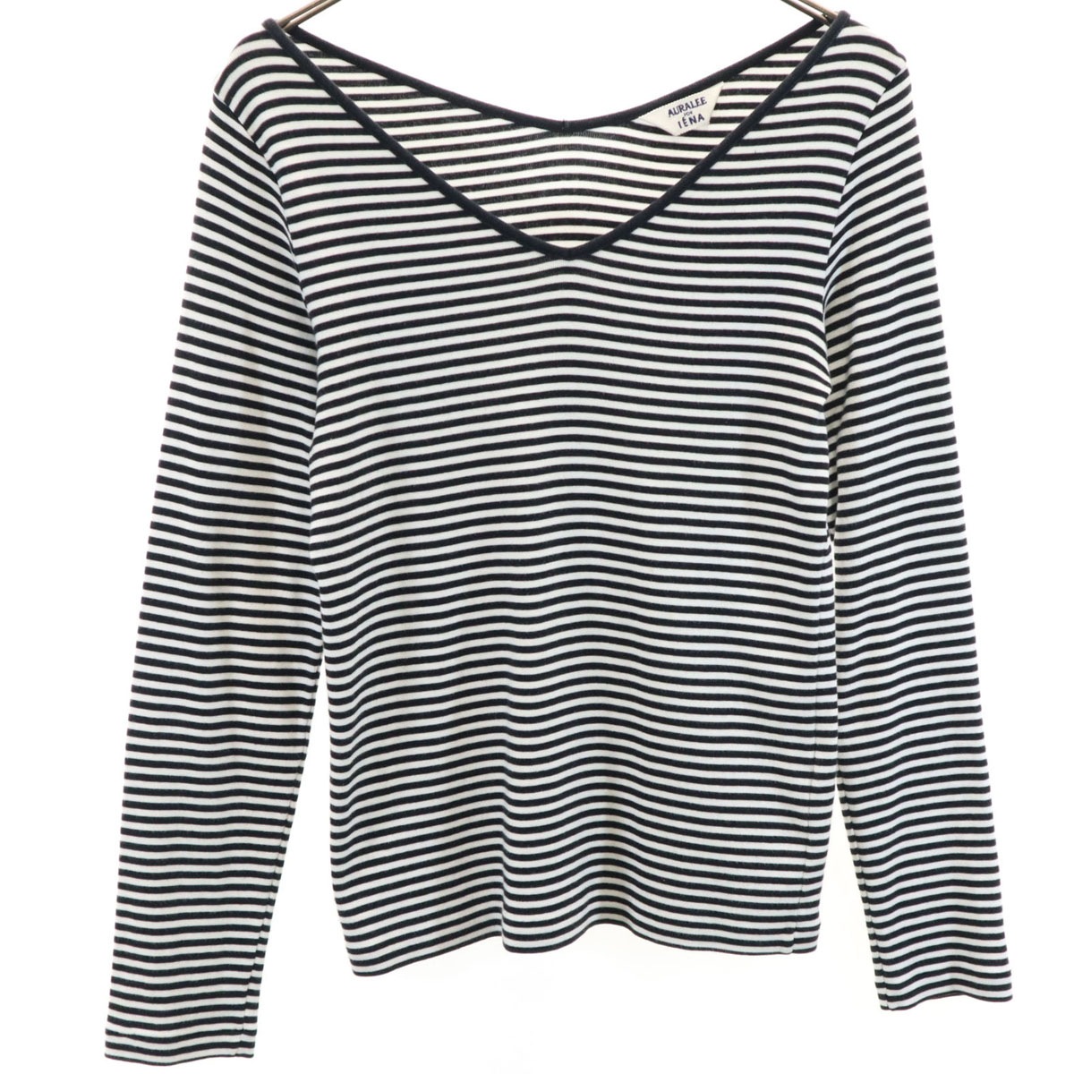 AURALEE for IENA オーラリーフォーイエナ 日本製 ボーダー柄 長袖 Vネック カットソー 1 ホワイト コラボ レディース 古着 5,005円
