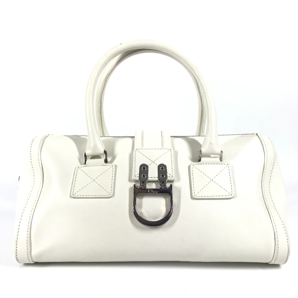 ハンドバッグ Dロゴ カバン トップハンドル ミニボストンバッグ 横長バッグ Ｄバックル レザー ホワイト