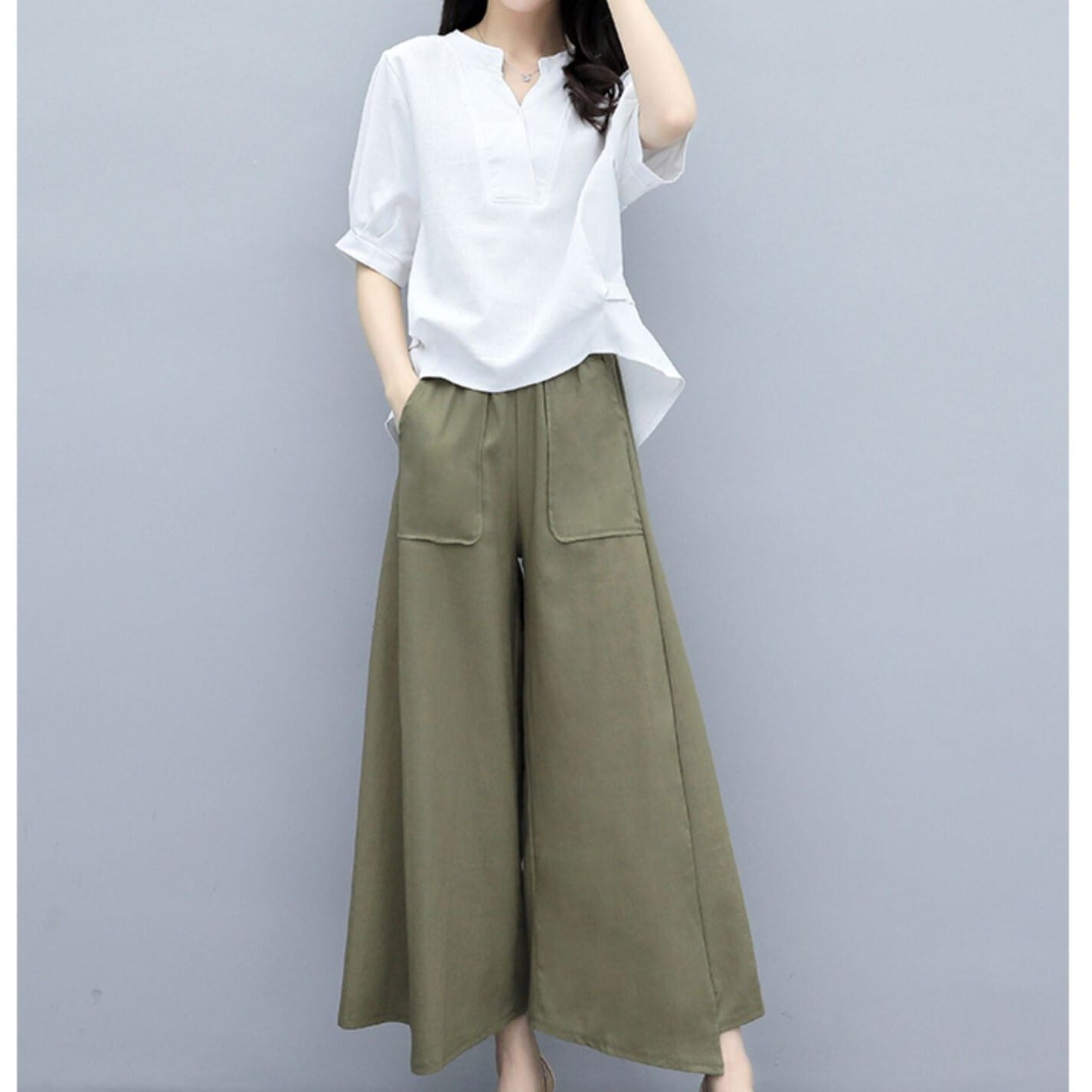 トップス ボトムス セットアップ ブラウス ズボン 白シャツ トップス ワイドパンツ カラーパンツ 9分丈 アンクル丈 袖あり 5分袖 Vネック 襟なし スタンドカラー スキッパー セミフレア スリム 5,134円