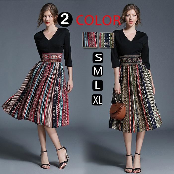 【激安開催！】ひざワンピース　 レディース ひざ丈　シフォンワンピ　Vネックドッキング　エスニックお洒落　きれいめ　着痩せ 大人 服 女性 上品
