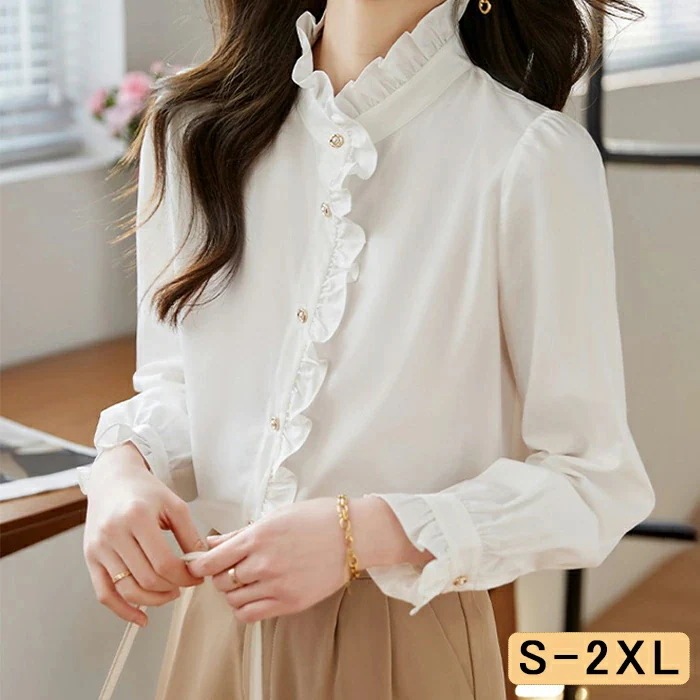 【急速出荷!】ブラウス レディース 長袖 フリルネック フリル襟 シャツ トップス ック オフィス カジュアル 春夏秋 通勤 仕事 きれいめ おしゃれ ゆったり 前開き バルーン袖 大きいサイズ 通気