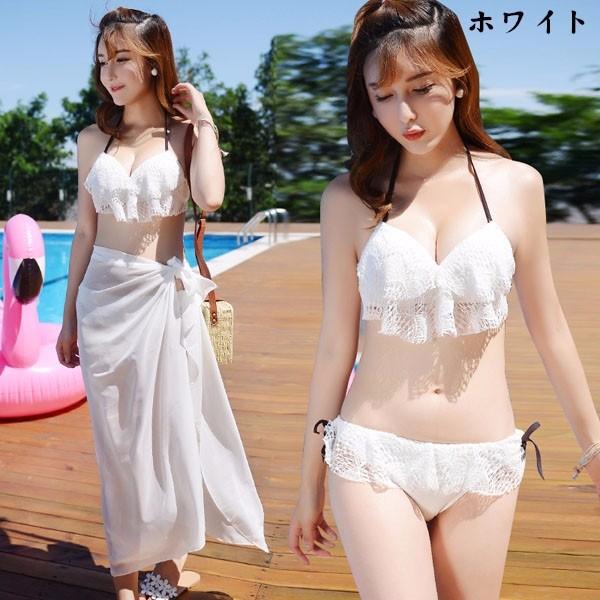 セクシー バンドゥ フリル ワイヤー入り 水着 ビキニ 2Colors 個性 3点セット 盛れる メーカー直販新作 レース 3角ビキニ レディース パレオ付き