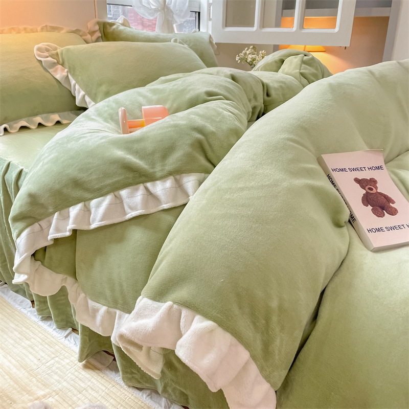11 冬のミルクフリース4ピースセットレースコーラルフリース羽毛布団カバーフランネルベッドフリースベッドコットンの3ピースセット r n1001-最初のシービーングリーン[厚くなったミルクフリース
