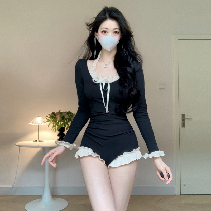 水着 レディース 夏 ワンピース 2024 新スタイル 黒 長袖 胸パッド付き コンサバ 痩身 お腹カバー 学生旅行 温泉