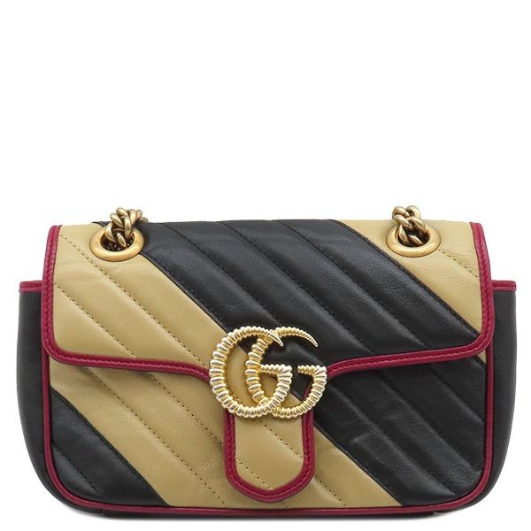 グッチ ショルダーバッグ GGマーモント スモール ショルダー レザー ブラック×ベージュ×レッド ゴールド金具 黒 赤 446744 【保存袋】【中古】