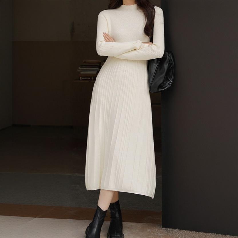 【1つ買うと10つ無料】秋のハーフネックドレス女性の秋と冬の体は薄くて気質のニットボトムスカート