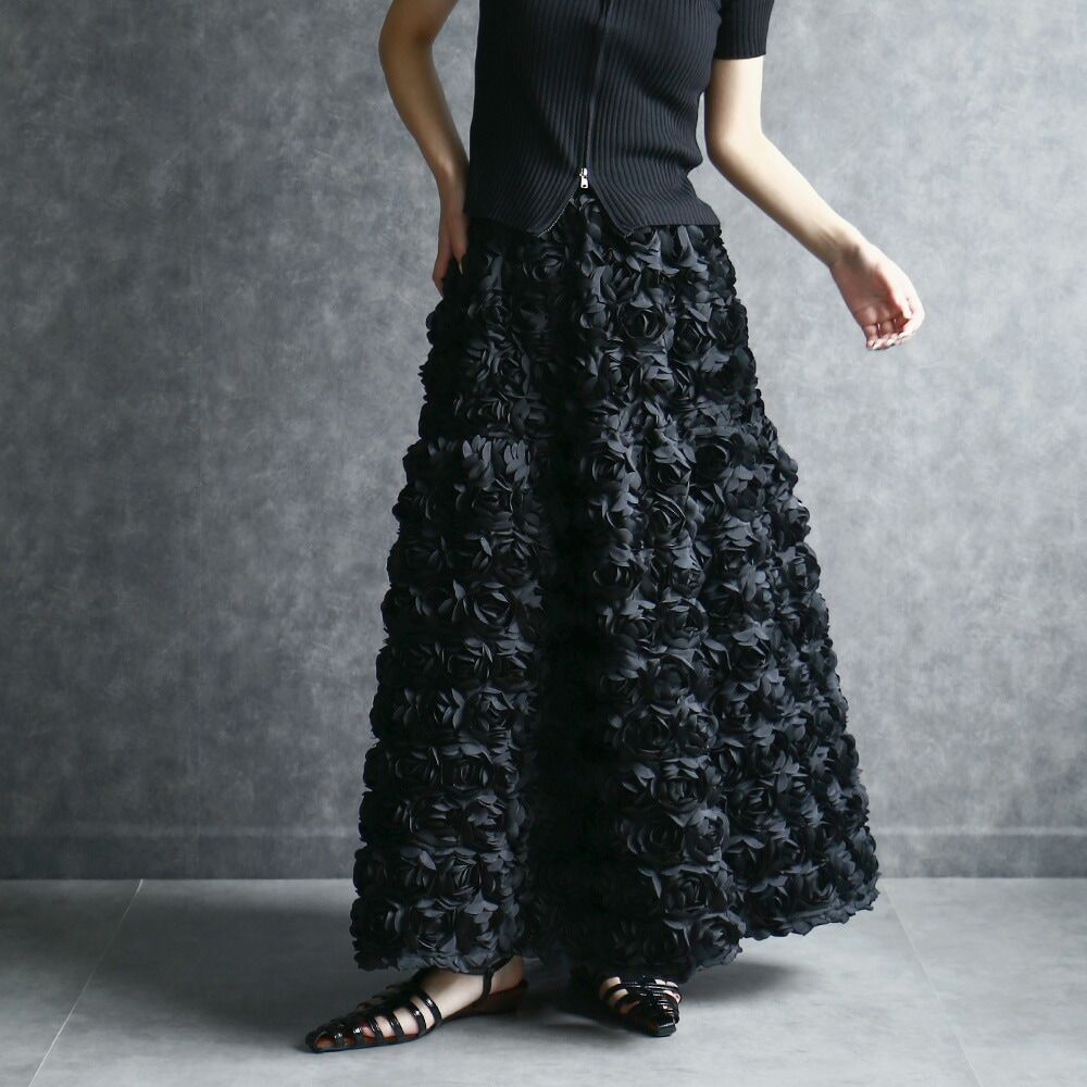 スカート ロングスカート ボリュームスカート ロマンティックローズスカート フレア 花 バラ ローズ モノトーン 花柄 カジュアル フォーマル デート 送料無料
