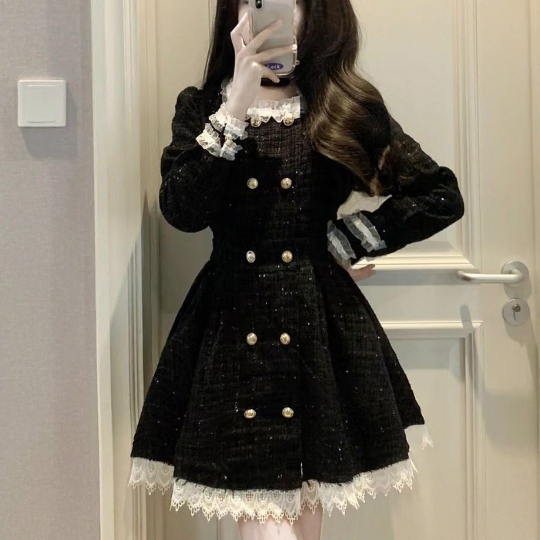 レトロツイード レディース 春秋 小さな香り 甘くてクールなリトルブラックドレス ダブルブレスト 小さな香り セレブ気質 チュチュスカート