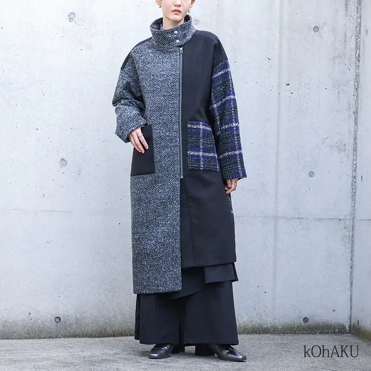 kOhAKU異素材切替スタンドロングコート