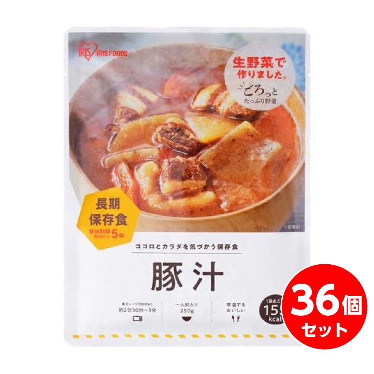【まとめ買い】アイリスフーズ 災対食 パウチ 豚汁 250g×36個　長期保存 保存食 非常食 備蓄 防災 地震 対策