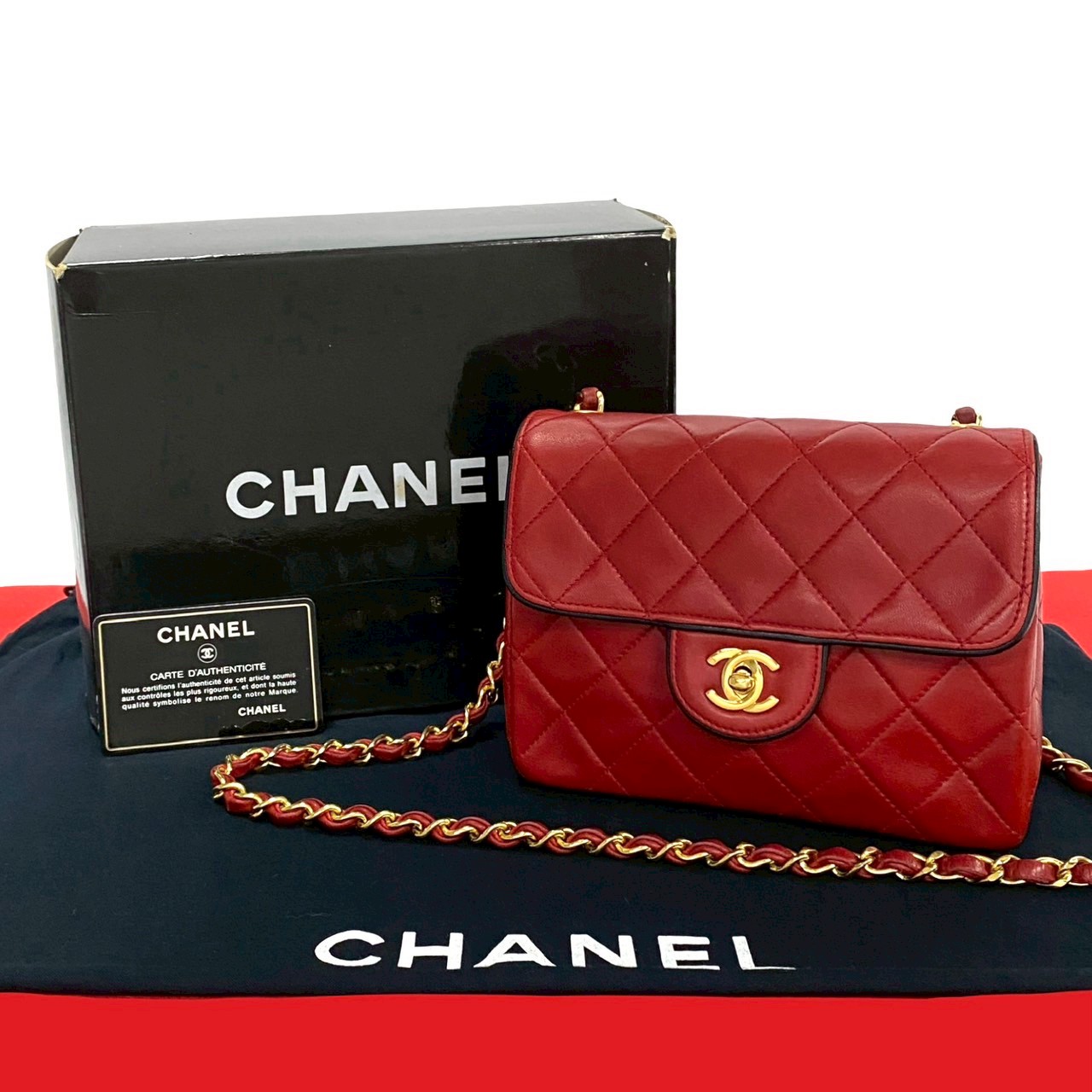 ヴィンテージ マトラッセ ココマークショルダーバッグ ラムスキン レッド 701-6