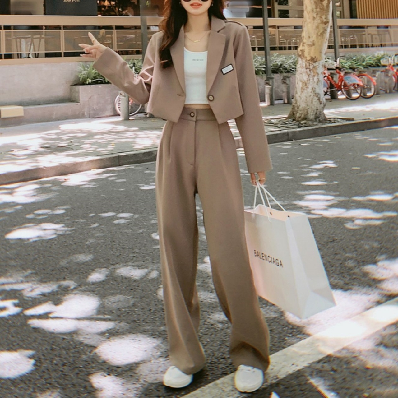 レディース ジャケット パンツ セットアップ 2点セット ツーピース テーラードジャケット ストレートパンツ ショート クロップド丈 フルレングス 長袖 ハイウエスト コンサバ かわいい 大人可愛い