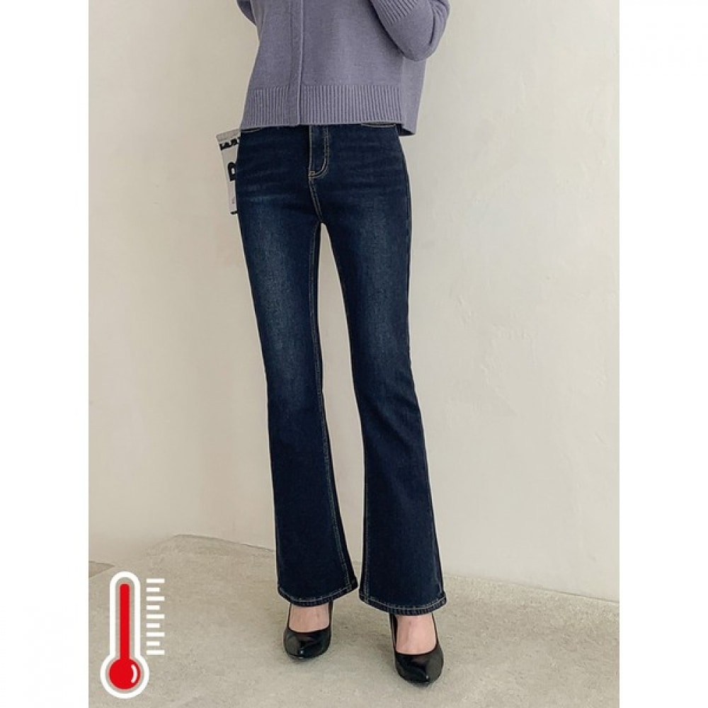 (Jinmania) ミンクボンディングレイズウエストバンドダークブルーブーツカットデニムパンツ