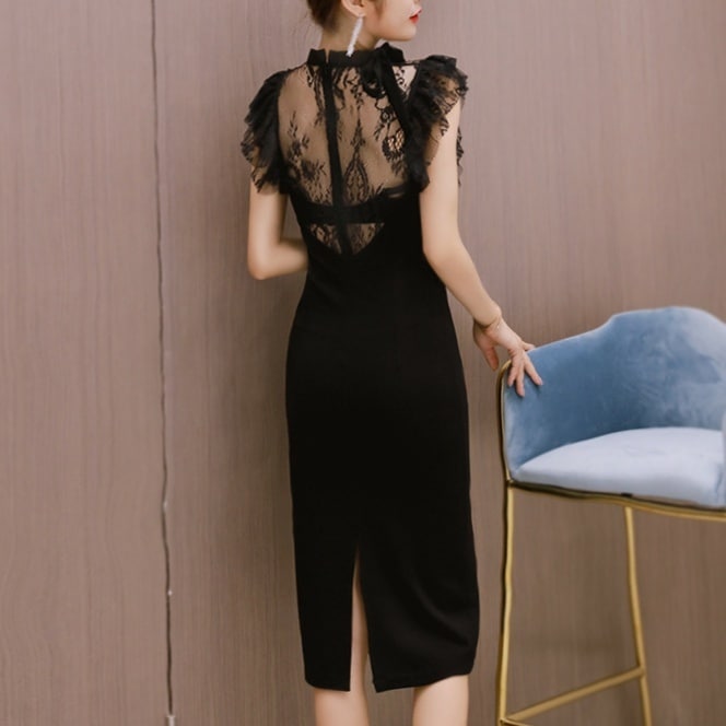 パーティードレス 二次会 結婚式 ワンピース 膝丈 ひざ丈 袖なし ノースリーブ Vネック スリム タイト 細身 ストレート レース 刺繍 ウエストマーク バックスリット 黒 ブラック 大人可愛い 大
