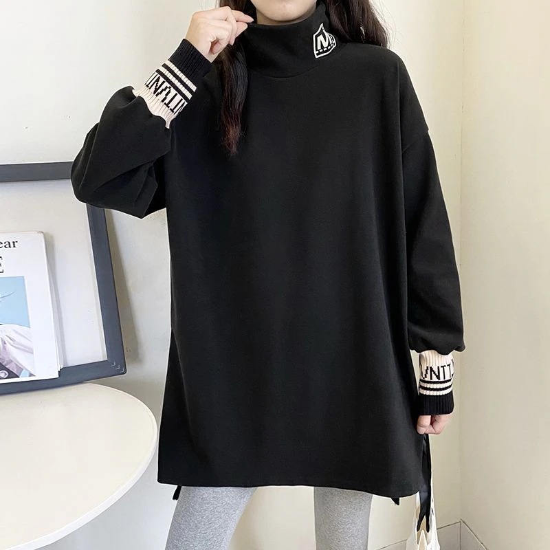 ミッドレングスハイカラーボトムスシャツ女性春春冬春春冬春薄手長袖Tシャツトップス女性