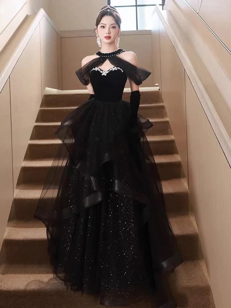 ブラックイブニングドレス宴会ディナーホストアートテストドレス