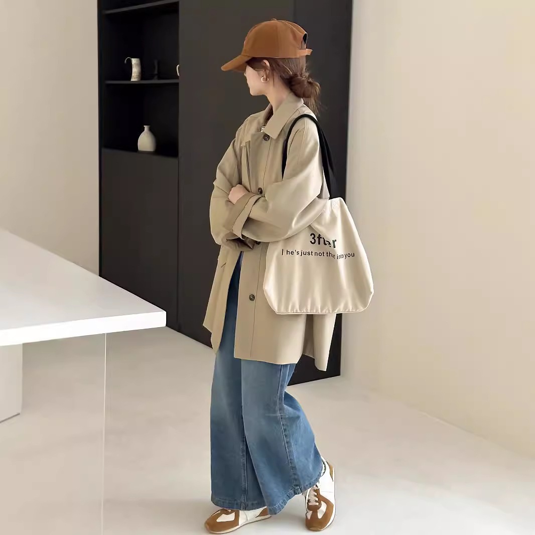 春は遅くないカーキウインドブレーカー女性用小柄2024春秋韓国風カジュアルミドル丈コート