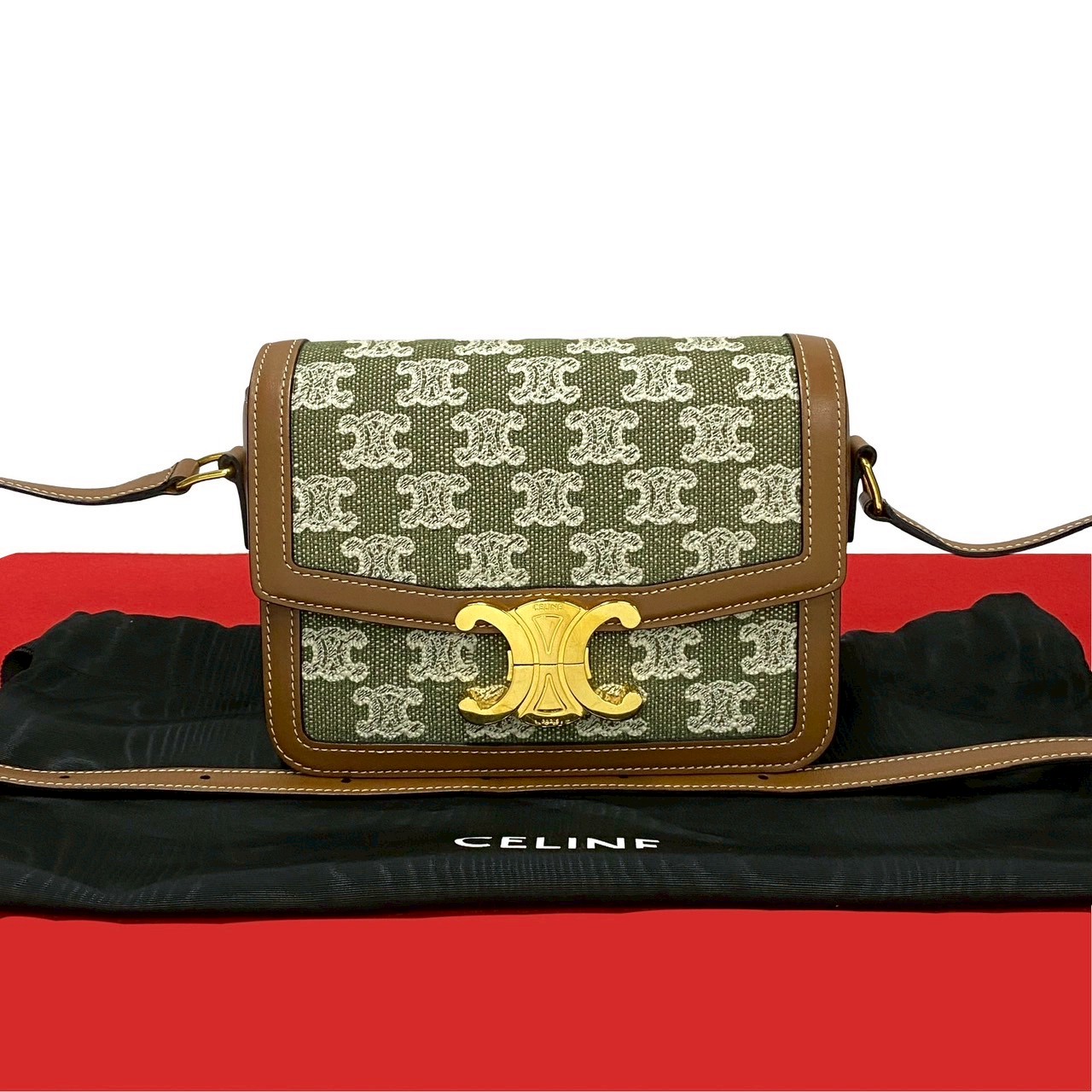 ティーントリオンフ ロゴ 金具ショルダーバッグ レザー キャンバス ブラウン 37173