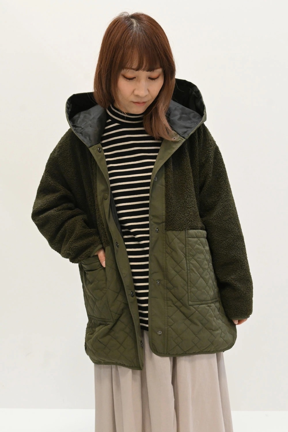 【＆H アンドエイチ】ボア＆キルティングアウター レディース 長袖 パーカー 中綿 キルト フード 冬 ポリエステル