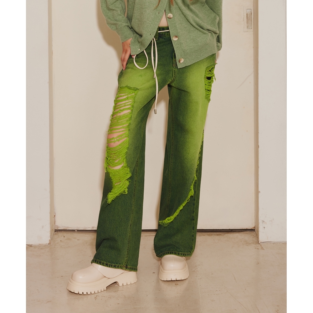 MILLIONCOR [9577] ユニセックスビビッドデストロイドデニム（グリーン）