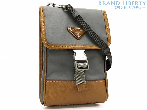 ほぼ新品プラダナイロンサフィアーノスマートフォンケースフォンポーチポシェット斜め掛けショルダーバッググレー2ZH109