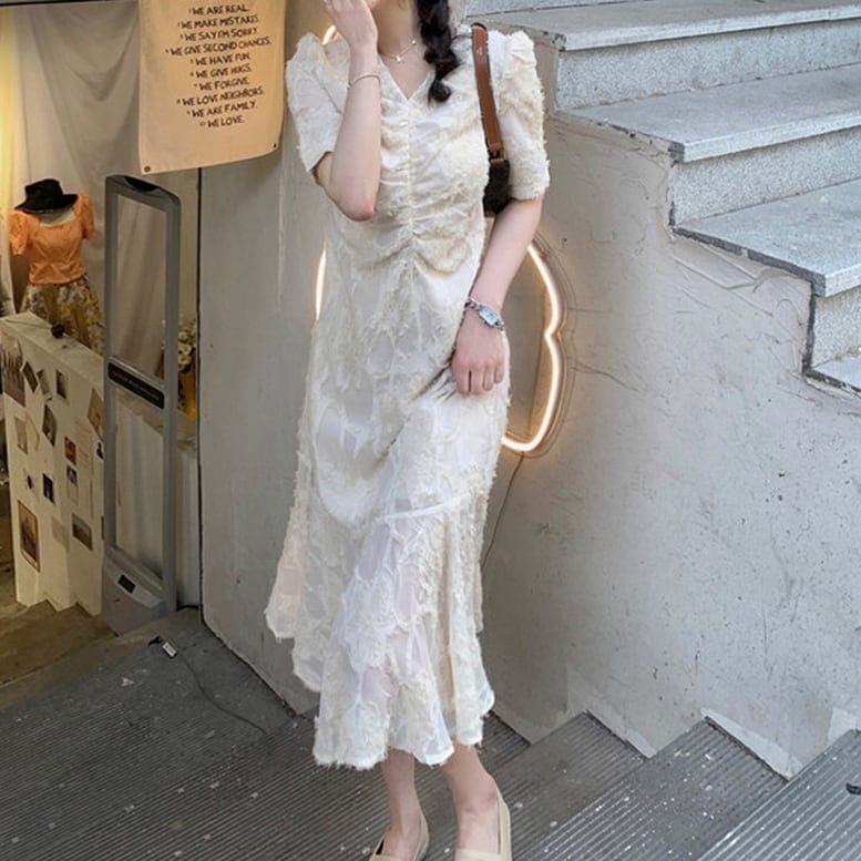 レディース ロングワンピース ティアードワンピース レース ワンピース 裾フリル ひざ下丈 ドレス