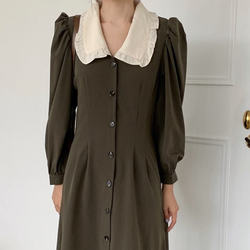 3color レディース ワンピース 襟 バイカラー 長袖 ブルー ベージュ カーキ クラシック