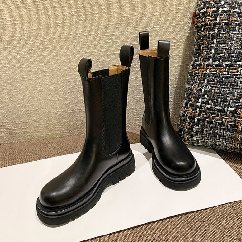 レディース ストレッチブーツ エコレザー 厚底ストレッチミドルブーツ ブーツ レディースブーツ