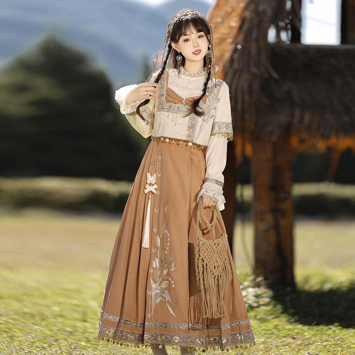 送 料 無 料正規品大砂漠郁香新韓国要素長袖インナーワンピース刺繍セット