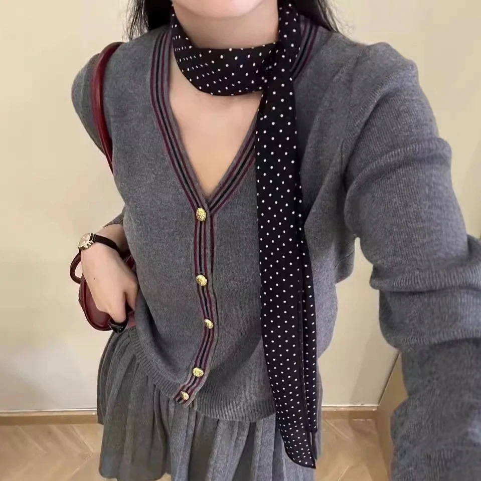 パンツロングパンツ学院風スーツスカート女子秋冬ニットカーディガンコート高腰痩せ百ひだスカート2点セット