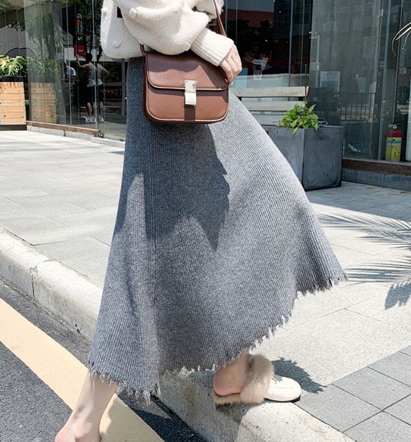 スカート デート ミモレ丈 セミフレア ウエストゴム リブニット 可愛い きれいめ 上品 おしゃれ かっこいい 可愛い ラブリー キュート ガーリー クール モード系 セクシー エレガント