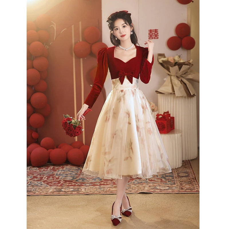 ワンピースドレスドレスブリューワーレッド服ロングスリーブハイエンドの感覚春と夏の花嫁の結婚式の日カジュアルバンケットドレスエンゲージメントドレス