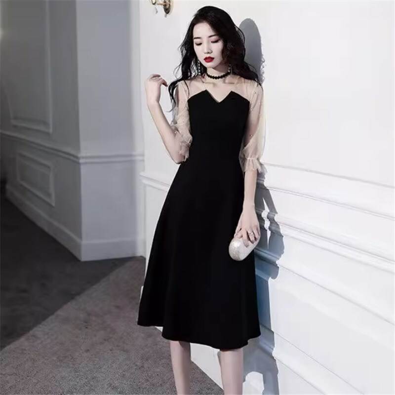 【送料無料】半袖 個性的 透け感 シースルー シアースリーブ イリュージョンネック ミモレ丈ドレス イブニングドレス パーティドレス