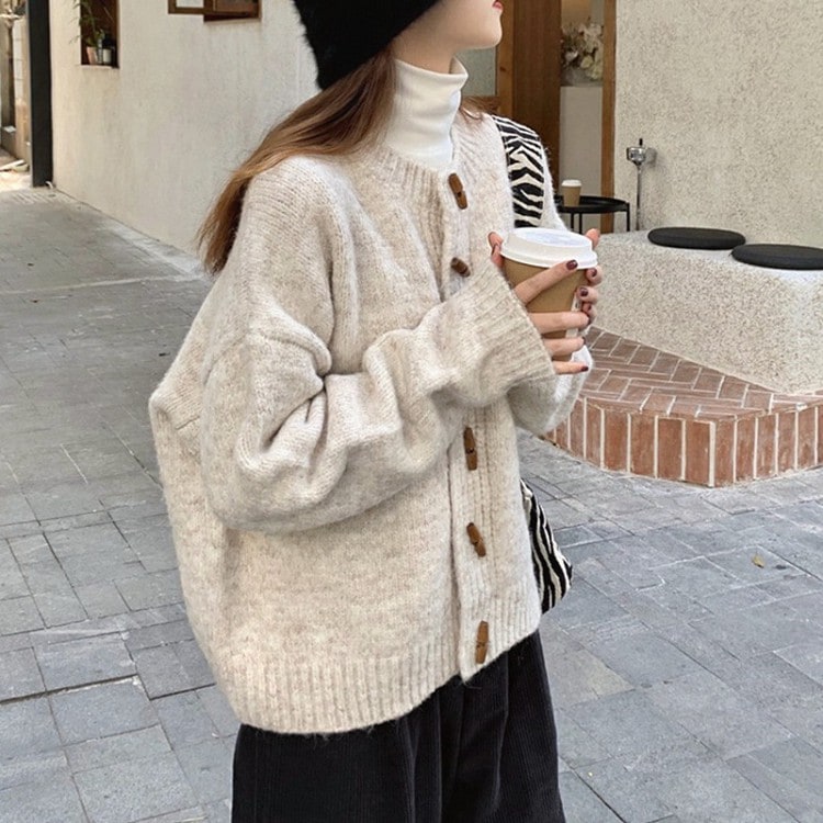 カーディガン レディース 秋冬 中厚手 学生 ドロップショルダー コーデ ビッグシルエット ボタンカ