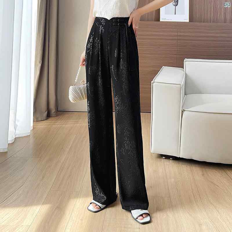 中華風 アセテート サテン ワイド レッグ パンツ レディース 夏 ハイウエスト ドレープ ストレート カジュアル エスニックパンツ 床 モップ