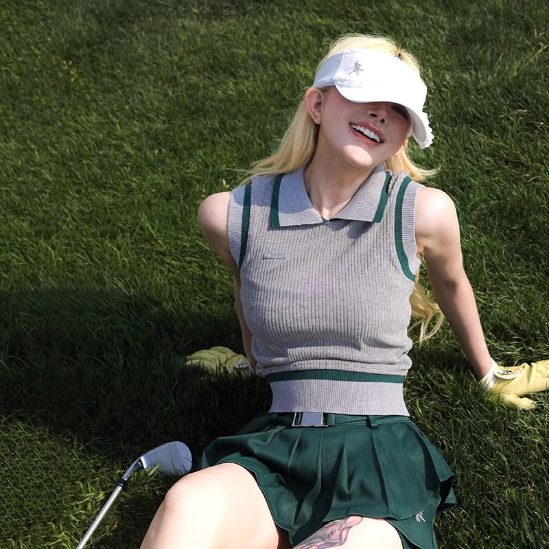 2025新作 ゴルフウェア プリーツスカート ニートベスト 袖なし グレー/グリーン アウトドア 通気/排汗 レディース ゴルフ スポーツ テニスウェア