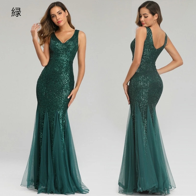 全5色 マーメイドドレス イブニングドレス シャンパン色 発表会ドレス キラキラドレス 黒 マーメイドライン Vネック セクシー ロングドレス スパンコール ネイビー ブラック 緑 ワイン赤 ピンク