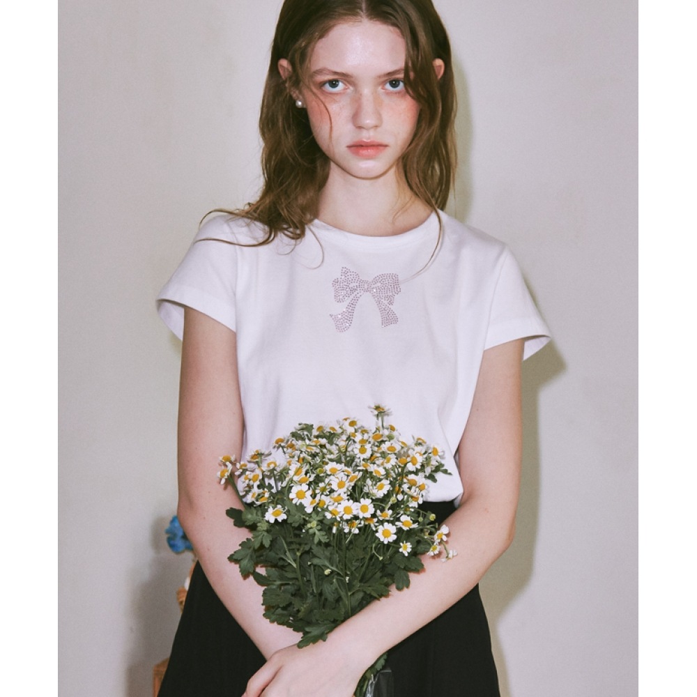 RONRON 5/22 배송 クリスタルリボンホットフィックスTシャツ ホワイト