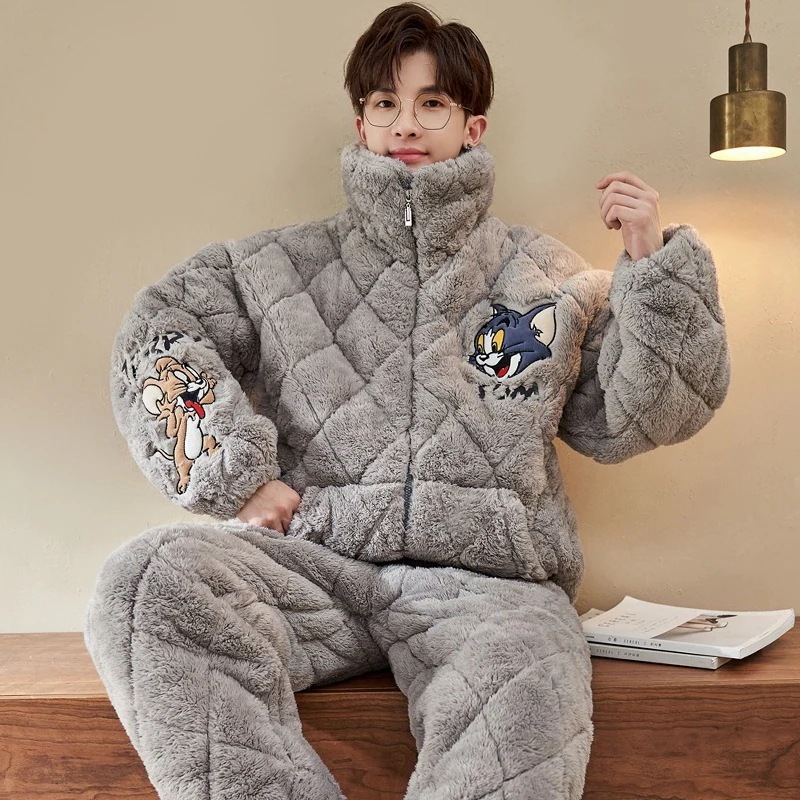 2024もこもこパジャマ 着ぐるみパジャマ パジャマメンズウィンターシックフリースメンズ3層コットンラミネートビッグキッズユーススーツ