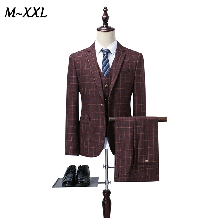 完売御礼 スーツ メンズ スリムスーツ おしゃれスーツ カジュアルスーツ 3点セット 一つボタン チェック柄　結婚式スーツ スリーピーススーツ ビジネススーツ 紳士 フォーマルスーツ オフィス 通勤