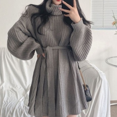 ニット セーター 魅せる トップス ワンピース プルオーバー グレー 灰色 レッド 赤 ミディアム丈 5,129円