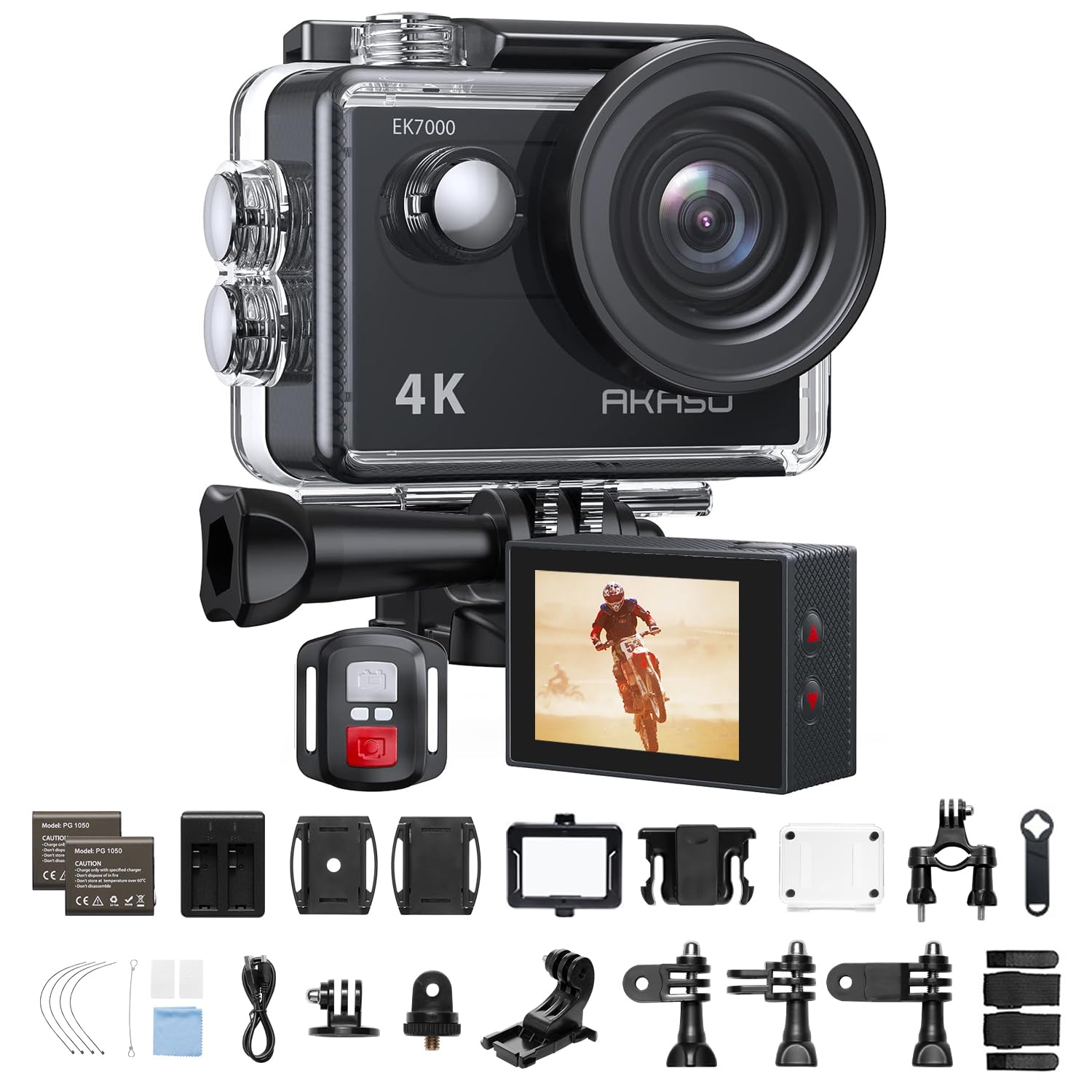 AKASO アクションカメラ EK7000 4K30FPS 20MP 水中カメラ WiFi搭載 外部マイク対応 40M防水 HDMI出力 170度広角レンズ リモコン付き 1050mAhバッテリー2個