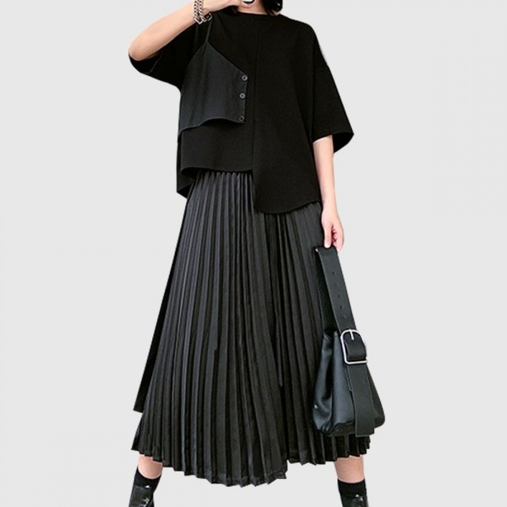 (UNIKE) シャーリーアンバランスビスチェ半袖Tシャツ+シャーリープリーツスカートセット