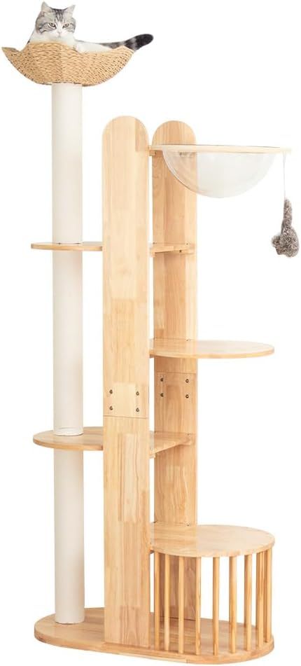 キャットタワー 木製 大型猫 おしゃれ 天然木 据え置き 大型 スポット インテリア性 多頭飼い スリム 見晴台 猫タワー 宇宙船 クリアボウル 中型猫 爪研ぎ ハンモック 天然麻紐 高さ190cm