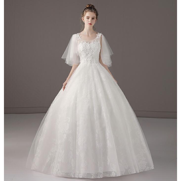 プリンセスラインドレス 結婚式 二次会 海外挙式 花嫁 袖あり ウエディングドレス ブライダル 小きいサイズ ウェデイングドレス 披露宴 編み上げ オフホワイト