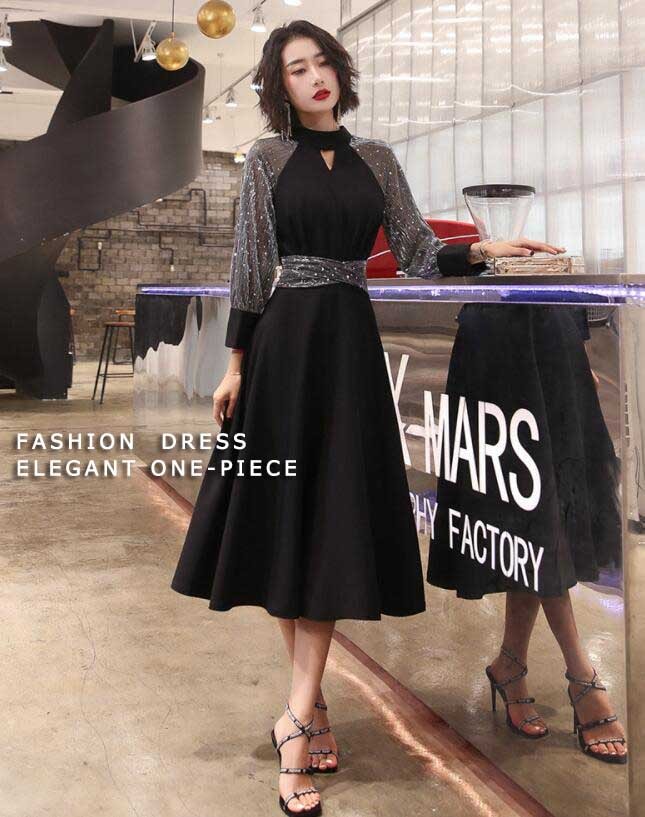 レディース ワンピース エレガント 上品 高級感 新着 春夏秋 ロングスリーブ ミモレ丈ドレス ブラック キレイめ 着痩せ ロングドレス オシャレ パーティー 宴会 お呼ばれ 二次会 発表会 結婚式