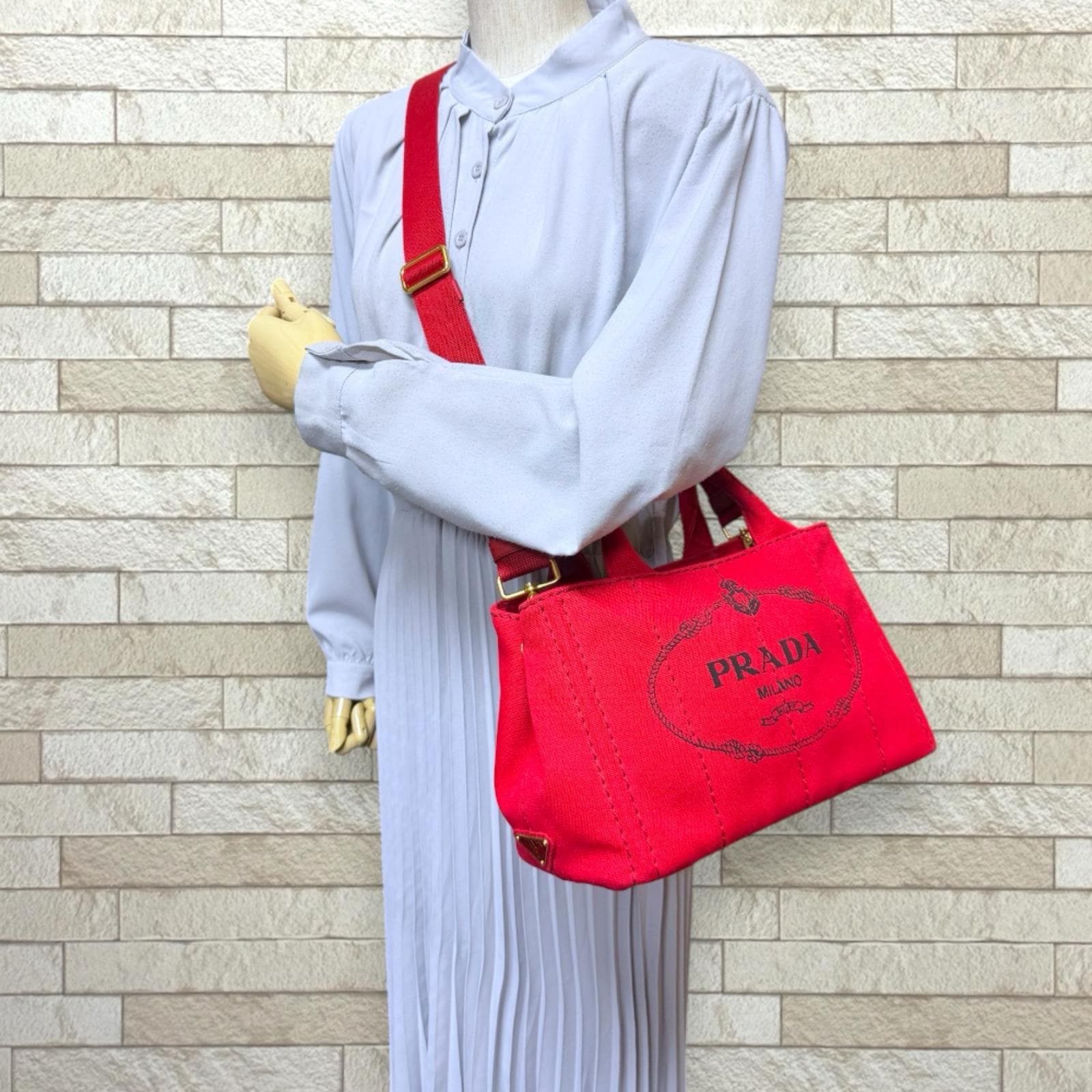 プラダ カナパトートSS ショルダーバッグ キャンバス B2439G レッド PRADA 中古