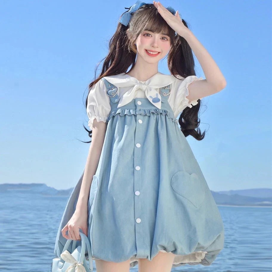 2024新作 ロリータ コスプレ 夏 ロリータ シャツ+サロペットワンピース 可愛い 2点セットサンタコスプレ