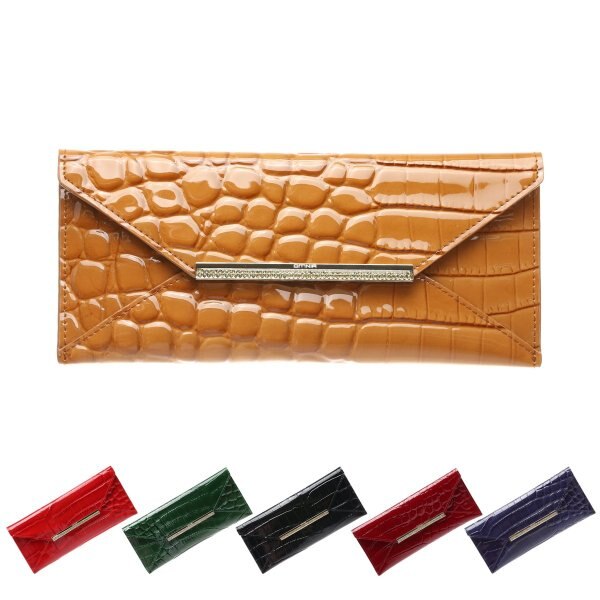 OMNIA オムニア 長財布 エナメル クロコ柄 本革 ストーン シルバープレート サイフ レディー